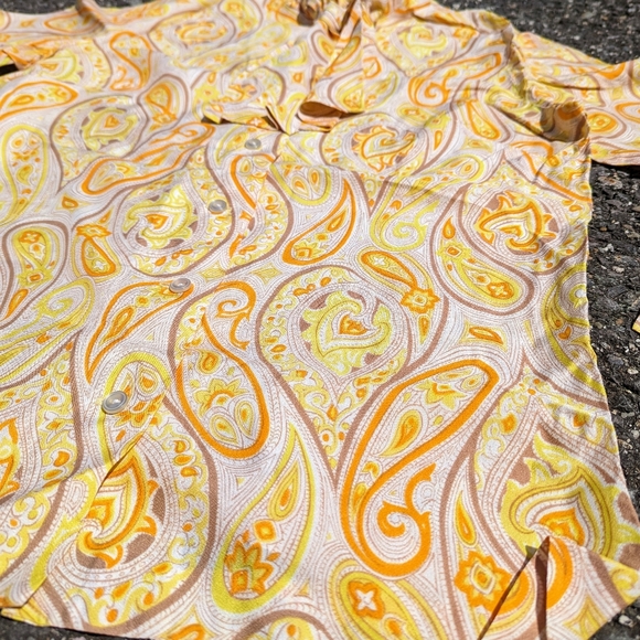 Vintage 1970s Orange Yellow Paisley Silky Pussycat Bow Button Down Shirt L Retro - Picture 3 of 4